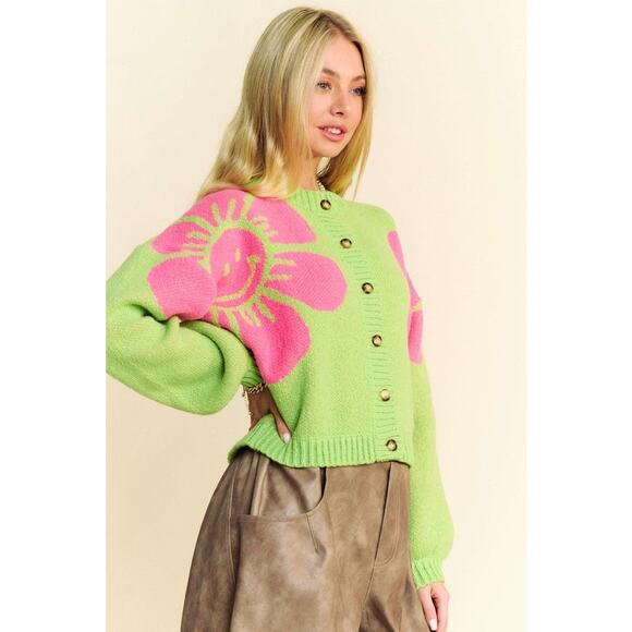 Davi & Dani Flower Contrast Round Neck Long Sleeves Cropped Cardigan | Lime - Picture 2 of 6